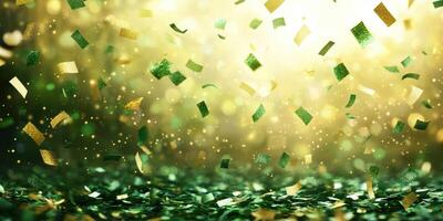 Colorful confetti falls through the air during a festive celebration in a vibrant setting of gold and green tones photo