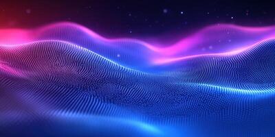 Vibrant wave patterns in digital landscape with glowing colors at nighttime photo