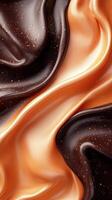 Swirling patterns of deep brown and vibrant orange create a mesmerizing abstract design with a glossy finish photo