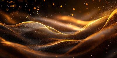 Elegant golden waves flow gracefully in a dark setting, illuminated by soft lights and shimmering particles creating a dreamy atmosphere photo