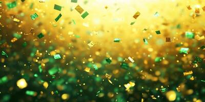 Colorful confetti falling in a golden light during a festive celebration in an indoor setting photo