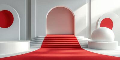 Modern architectural stage design featuring red accents in a minimalist space with geometric shapes photo