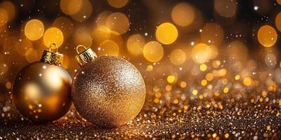 Glistening golden ornaments create a festive atmosphere for holiday celebrations photo
