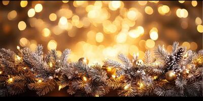 Beautiful holiday decoration with golden lights and festive greenery creating a warm atmosphere photo