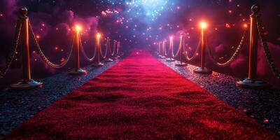 Red carpet leads to a magical setting with glowing lights in a starry night background photo