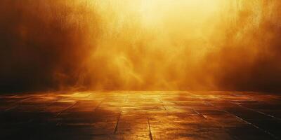 Golden haze envelops the stone floor creating a mystical atmosphere during twilight hours photo
