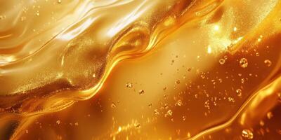 Flowing golden liquid with sparkling bubbles captured in bright light creates a mesmerizing visual effect photo