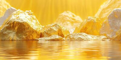 Golden rocks reflect sunlight on tranquil water in a surreal landscape during midday photo