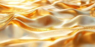 Shimmering golden fabric creating fluid waves under soft light in an artistic arrangement photo