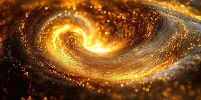 Golden swirling galaxy with shimmering particles set against a dark cosmic backdrop photo