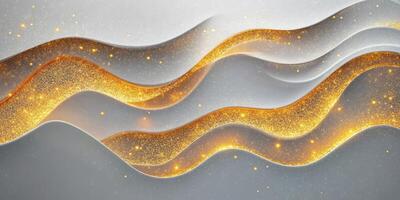 Dynamic waves of golden glitter flow across a soft gray surface in an abstract composition photo