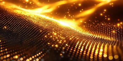 Digital landscape features shimmering golden waves and glowing particles flowing across a dark background photo