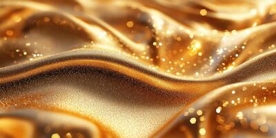 Shimmering golden fabric draping gracefully in soft waves and glimmers of light photo