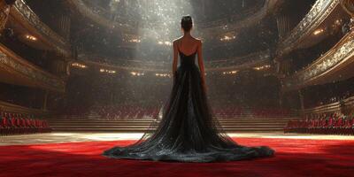 Elegant performer stands in stunning black gown on theater stage before a captivated audience photo