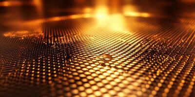 Reflective metallic surface with a warm glow showcasing intricate patterns and textures in soft lighting photo