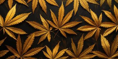 Golden cannabis leaves scattered on a dark background create a vibrant and striking visual contrast photo