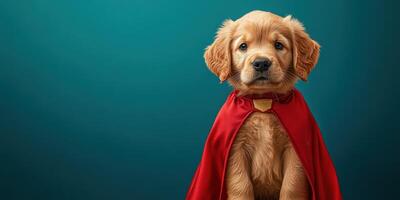 Golden retriever puppy in a red cape poses heroically against a blue backdrop photo