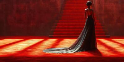 Elegant figure in a black gown stands atop red staircase in dramatic lighting during a fashion event photo