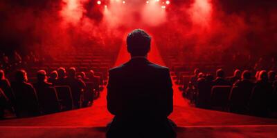Dramatic performance at a theater with a silhouetted figure against a vibrant red backdrop and attentive audience photo