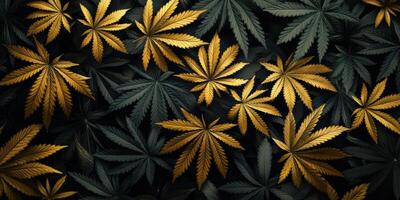 Colorful cannabis leaves arranged in a vibrant pattern during autumn photo