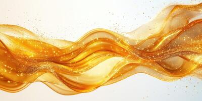 Golden waves flow gracefully with shimmering particles creating an elegant background design for various purposes photo