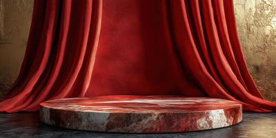 Elegant red velvet backdrop with a circular stone platform for theatrical performances in a well-lit space photo