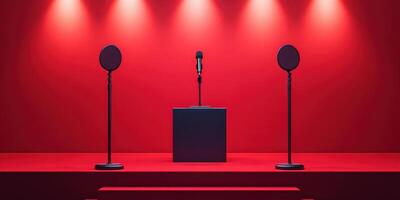 Stage set for a dramatic performance featuring a solo microphone and two stands in a vibrant red atmosphere photo