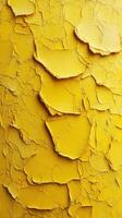 Textured yellow surface with peeling paint revealing layers of color in a close-up view of a wall photo