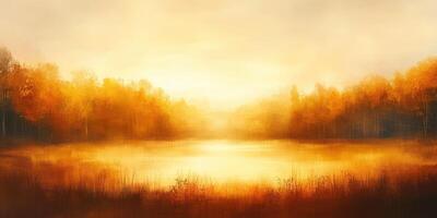 Golden autumn sunset over tranquil lake surrounded by vibrant trees photo