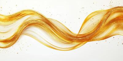 Elegant golden wave with shimmering particles flowing gracefully across a white background photo