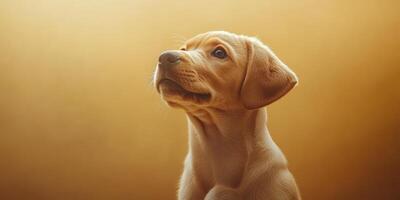 Playful puppy with curious expression against a warm golden background in a cozy indoor setting during late afternoon photo