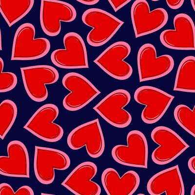 Red hearts on a navy blue background, heart seamless pattern illustration, doodle summer, kids and baby designs for print fabric.