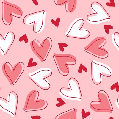 Cute hearts in shades of pink and red, with white outlines on a pastel background, heart seamless pattern illustration, doodle summer, kids and baby designs for print fabric.