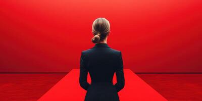 Woman in black suit standing against a vivid red background, preparing for a presentation or performance in a modern space photo