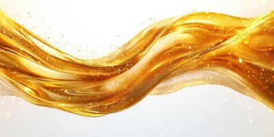 Flowing golden liquid with intricate patterns and shimmering particles in a light background photo