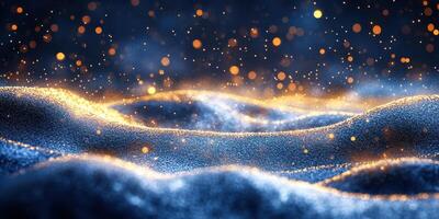 Waves of light and shimmering particles create a mesmerizing abstract landscape in dark hues photo