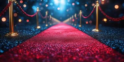 Elegant red carpet setup with golden barriers and sparkling lights for an upscale event at night photo