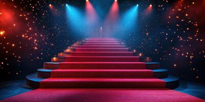 Red carpet steps lead to a spotlighted podium in a glamorous setting filled with soft lighting and a starry backdrop photo