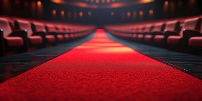 Elegant red carpet stretches through a luxurious theater with empty seats awaiting an audience photo