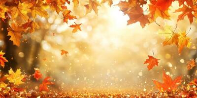 Autumn leaves falling in a golden forest with sunlight filtering through the trees photo