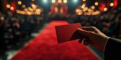 Hand holding a red card in a glamorous event venue with a focus on a red carpet and blurred audience in the background photo