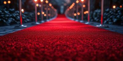 Elegant red carpet leading to a beautifully lit outdoor event venue at night with soft glowing lights photo