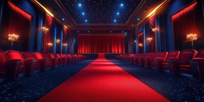 Elegant theater interior with red velvet seats and a stunning stage lit with blue and gold lights during an evening performance photo