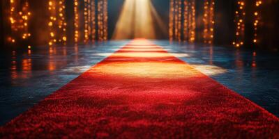 Red carpet leading to stage with bright lights creating an elegant atmosphere for a special event at night photo