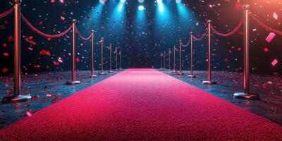 Red carpet event in a venue with bright lights and confetti celebration taking place at night photo