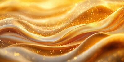 Golden fabric waves illuminated by soft light create a shimmering texture conveying warmth and elegance photo