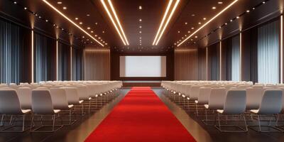 Elegant conference hall with modern design and red carpet for professional events in a well-lit space photo