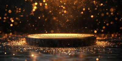 Golden sparkling platform illuminated by dazzling light particles in a dark atmosphere photo