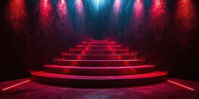 Vividly lit staircase showcases modern design with striking red and blue lights in a darkened space photo