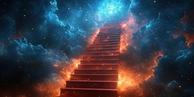 Stairs leading to a cosmic sky filled with swirling clouds and vibrant colors at twilight photo
